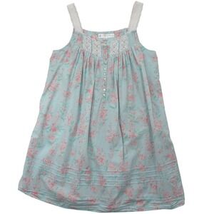 Eileen West Nightgown M Short Floral Blue Sleeveless Cotton Lace Trim Cottage
